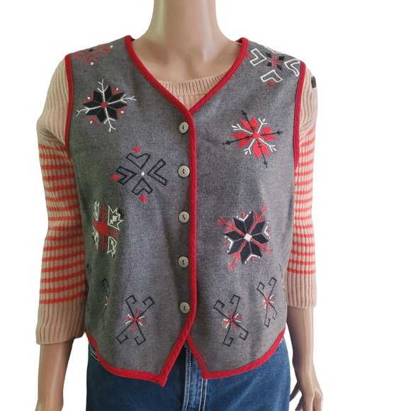 Vintage Talbots Sz S Wool Blend Vest Snowflake Holiday Gray Red Embroidered Y2K - Picture 1 of 10